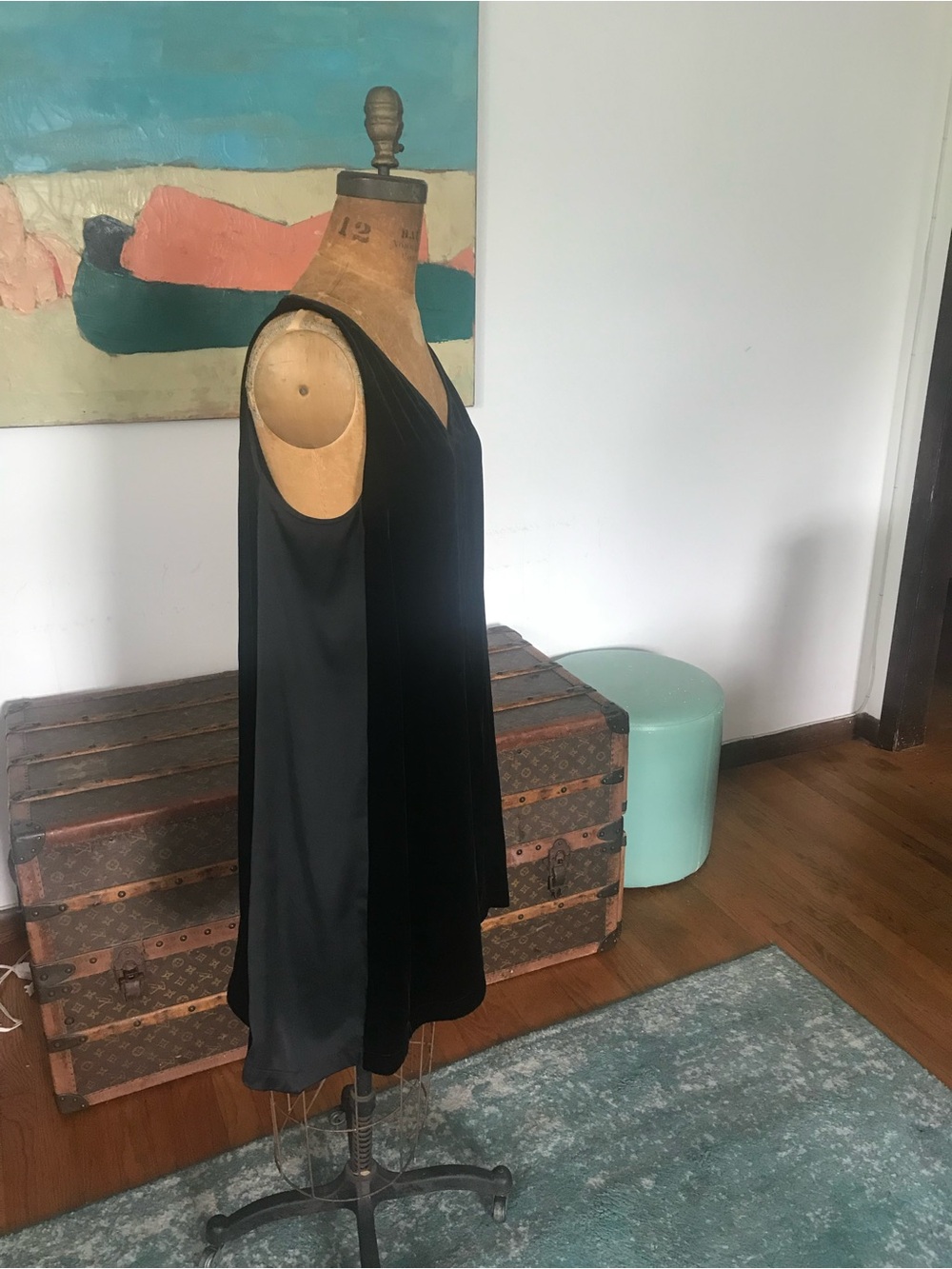 Eileen Fisher Black Velvet & Satin Sleeveless V-Neck Mini Dress